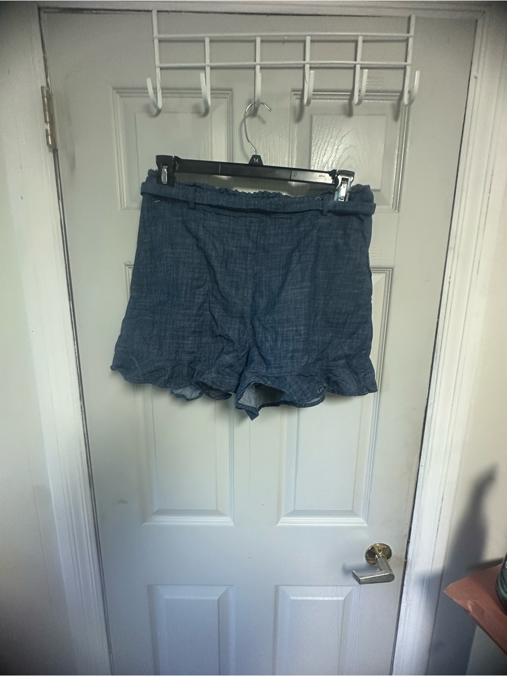 june & hudson denim-look ruffle hem men’s shorts - blue